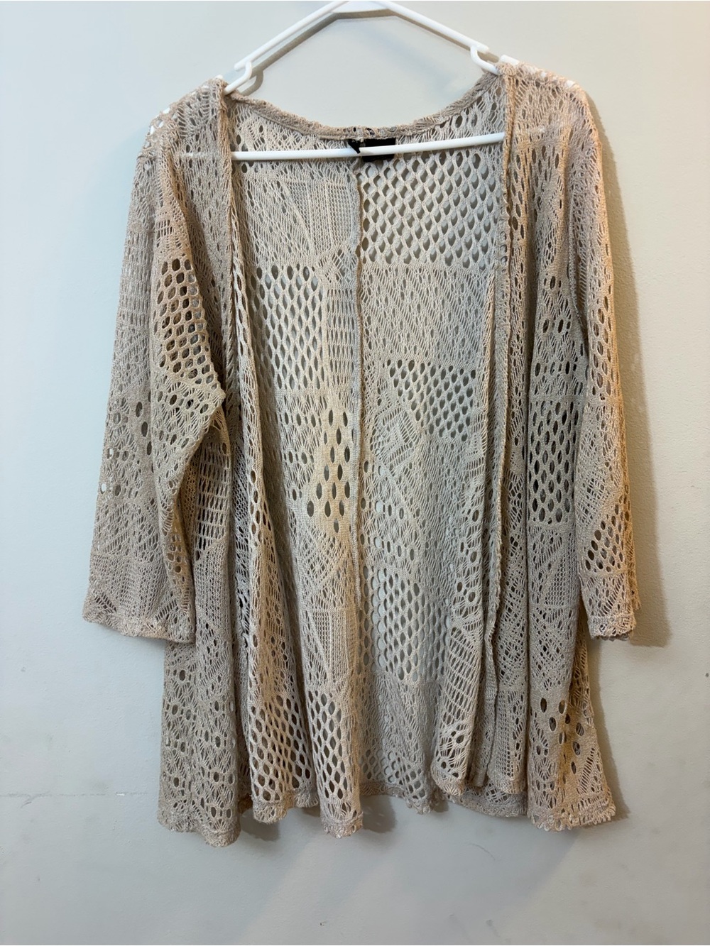New Directions 1X Beige Crochet Open Front Cardigan Duster Beach Cover Up